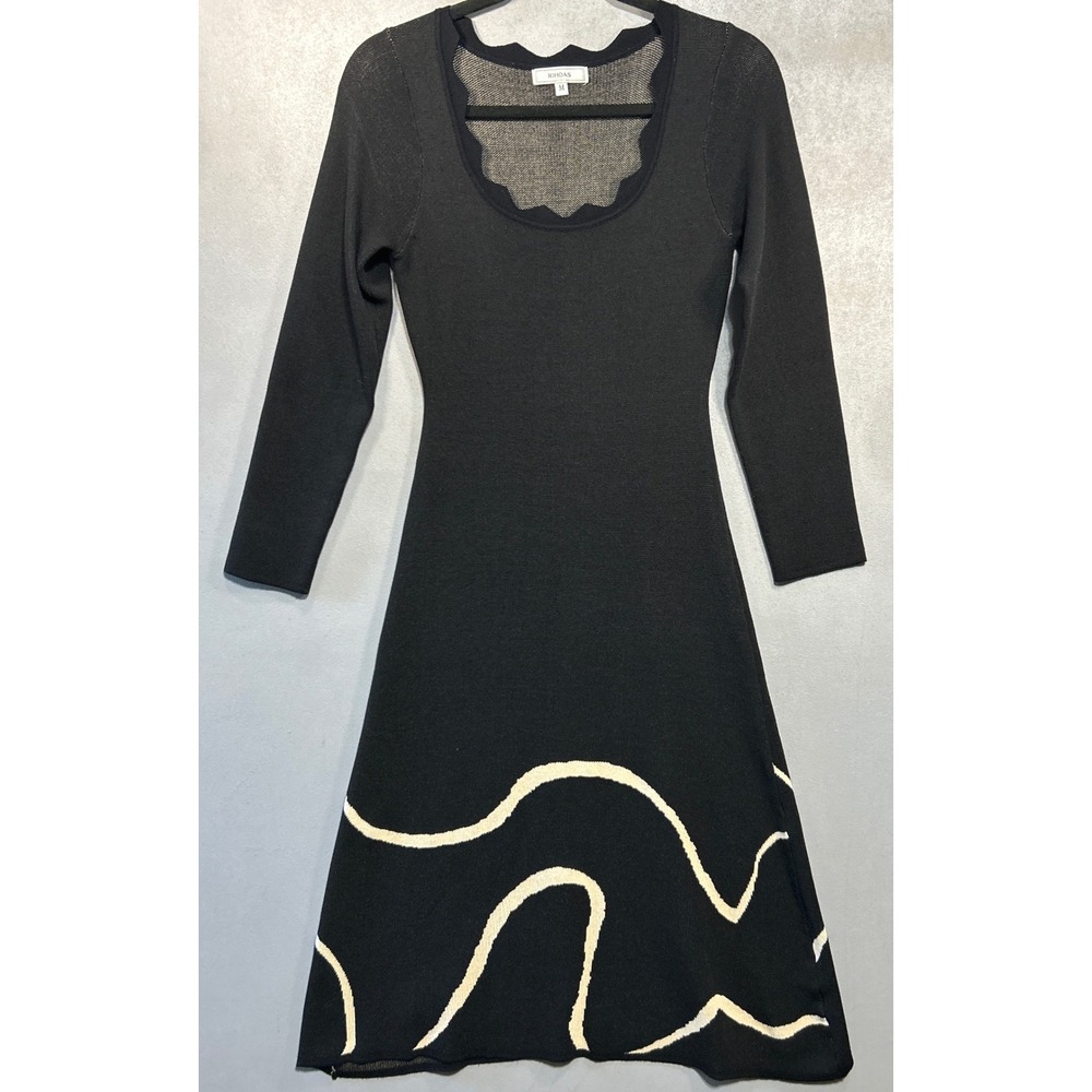 RIHOAS Black Wavy Hem Scalloped Neck Long Sleeve Knit Midi Dress Medium